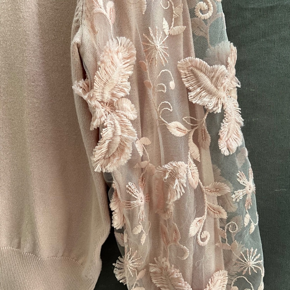 Joseph A. Blush Pink Mock Neck Sweater 3D Floral Sheer Mesh Sleeves M Fairycore - Picture 3 of 10